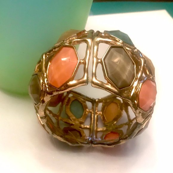 BEJEWELED CHUNKY CUFF/BRACELET PASTEL MULTICOLOR STONES & GOLDTONE 2 ½” WIDE - Picture 2 of 5